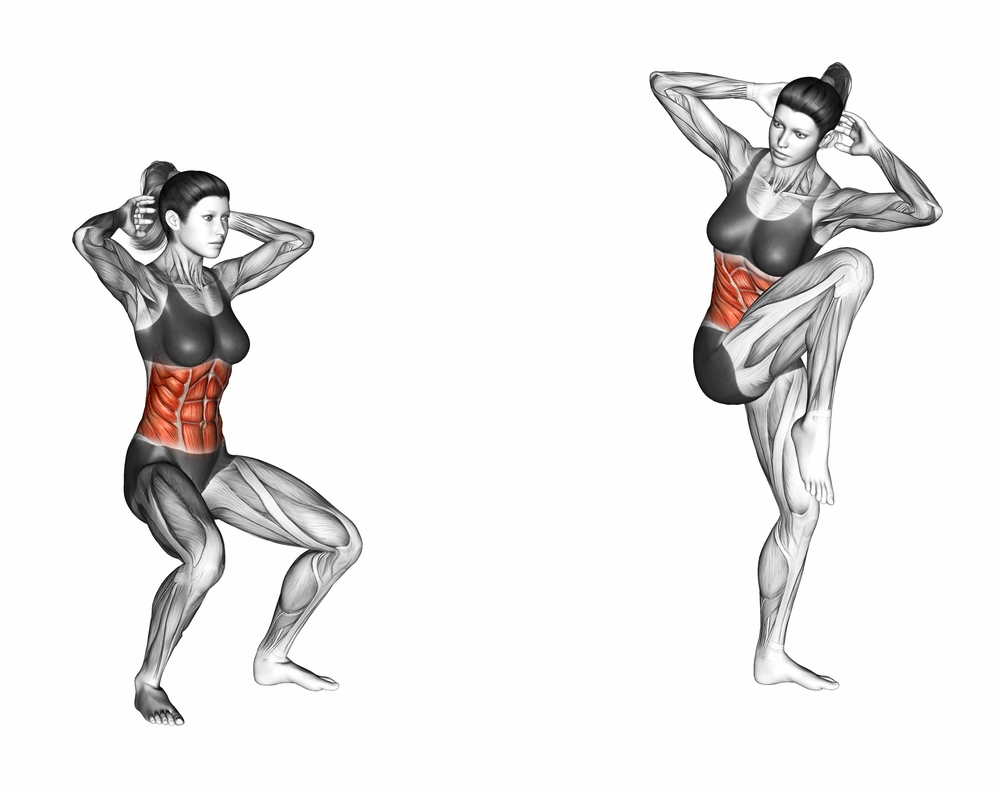 En 3D-figur som visar hur tjejer kan göra stående sidocrunches som är en bra övning för kvinnor som vill göra effektiva magövningar hemma